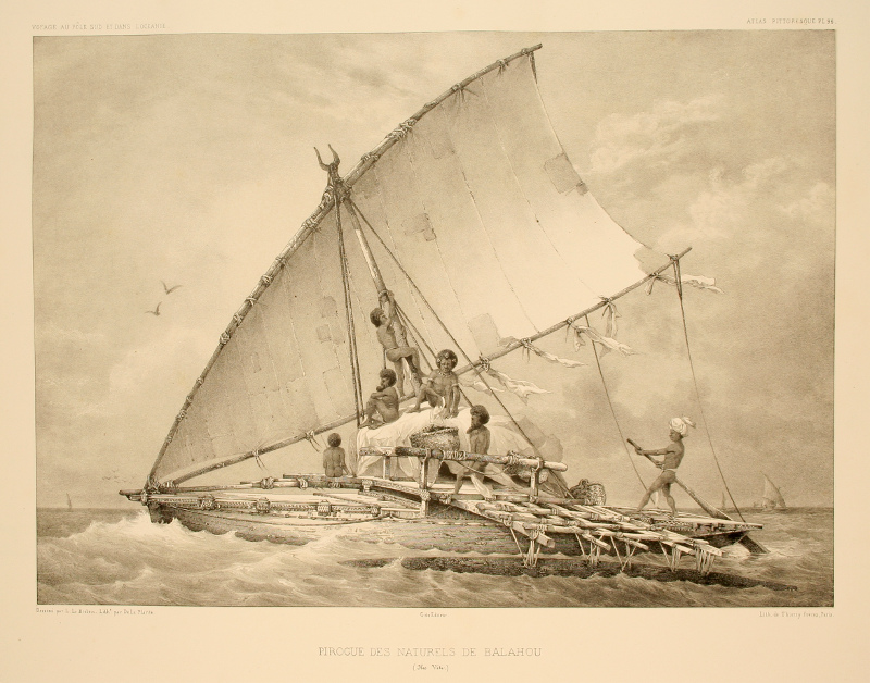 Old sketch of fijin sailors on the south pacific