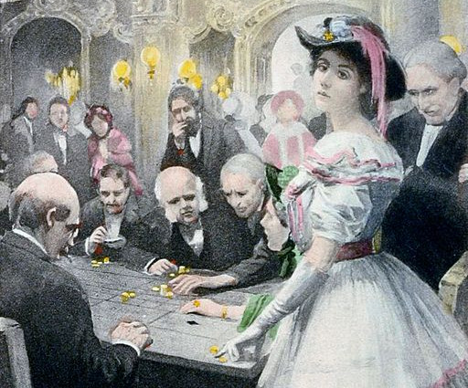 Painting of a roulette table with a woman making a bet