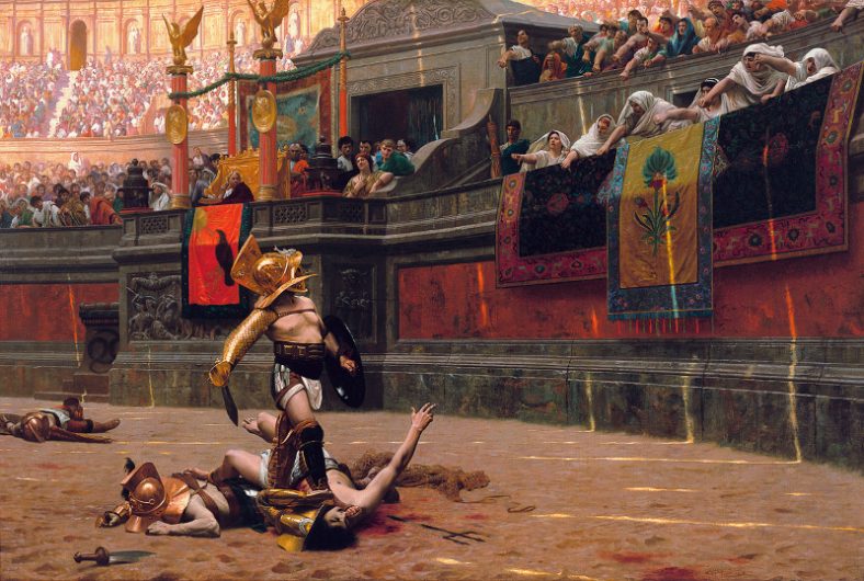 Painting of gladiators in an arena
