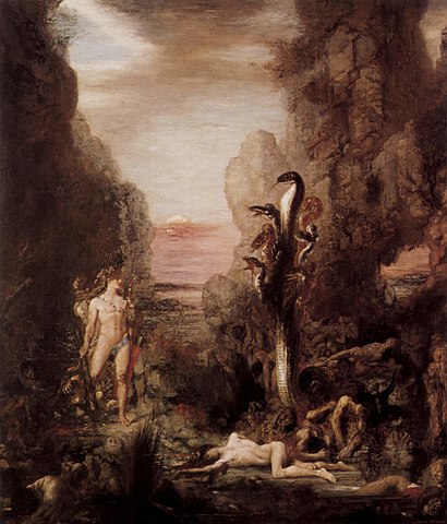 a man facing a hydra with corpses on the ground