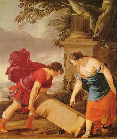 Old painting of a boy lifting a column under which are sandals and a sword