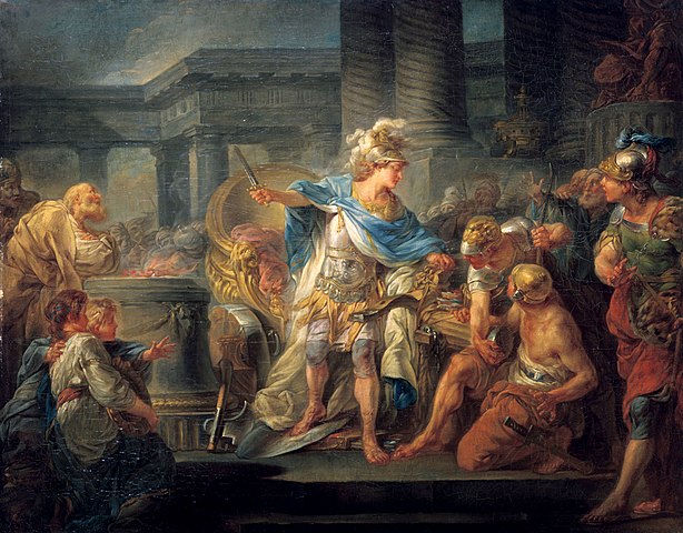 An ancient greek looking man with a sword raises it over a knot as a crowd watches