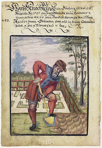 An old illustration of a gardener in medieval garb shoveling