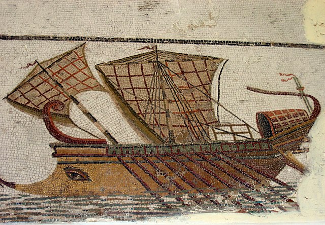 Ancient mosaic of an oared ship