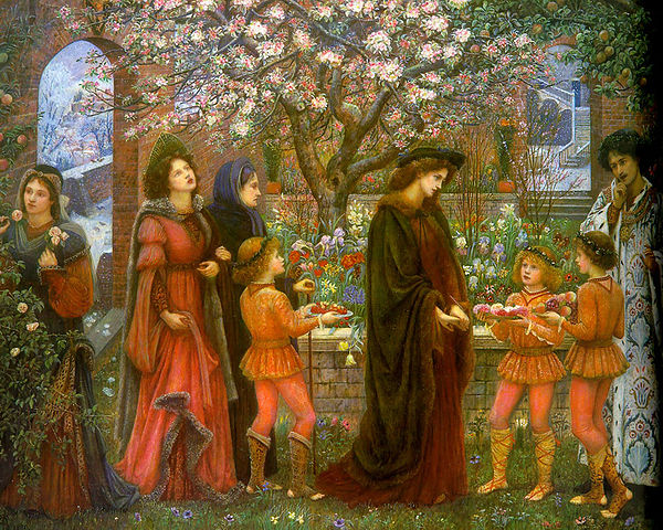 A painting of adults and children in a courtyard garden with a flowering tree in the background.